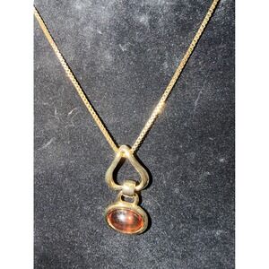 Soho Design Gold Tone Amber Cabochon‎ Pendant Necklace Box Chain Scrollwork Back